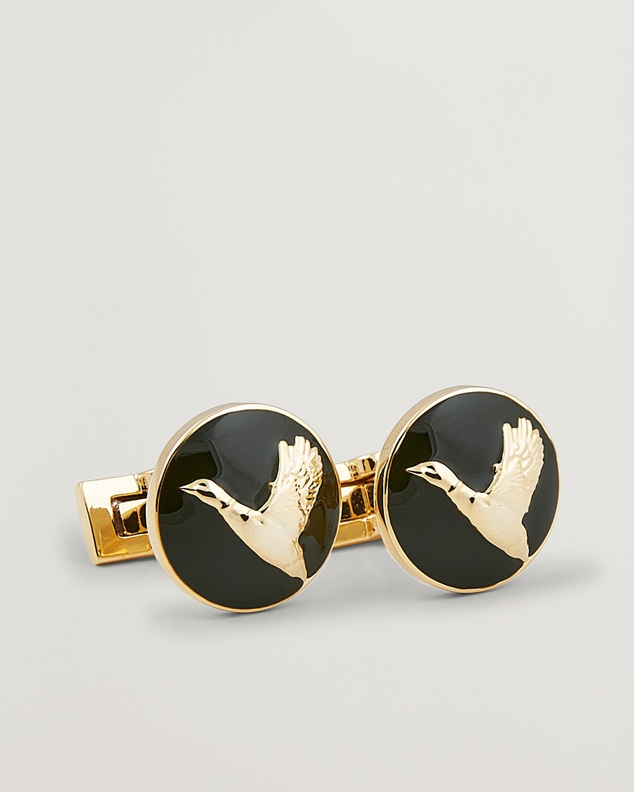 Heren | Zwarte stropdas | Skultuna | Cuff Links Hunter Flying Duck Gold/Green