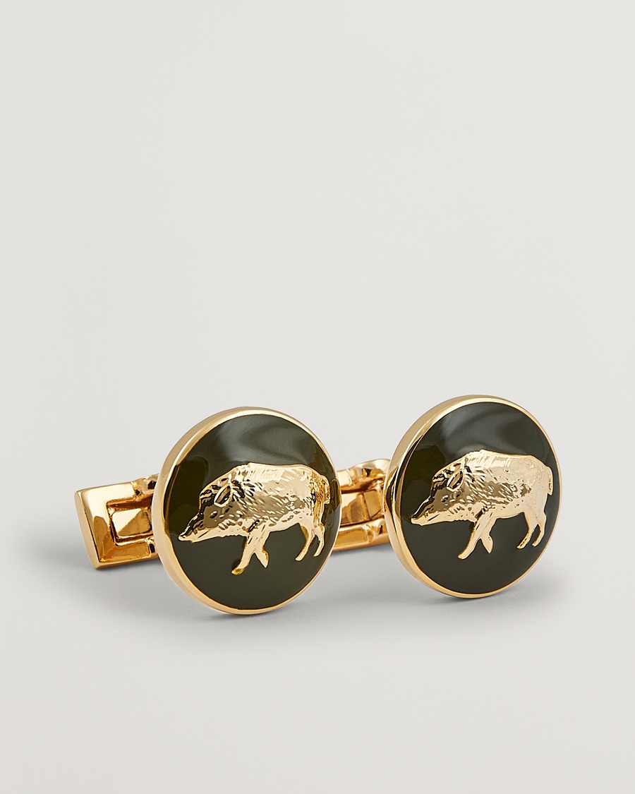 Heren | Zwarte stropdas | Skultuna | Cuff Links Hunter Wild Boar Gold/Green