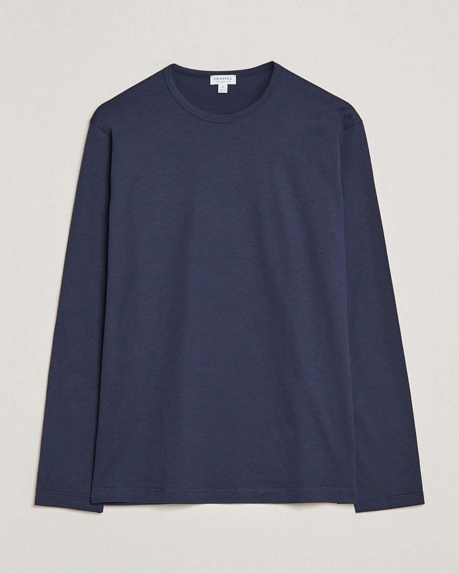 Sunspel Long Sleeve Crew Neck Cotton Tee Navy – Blauw