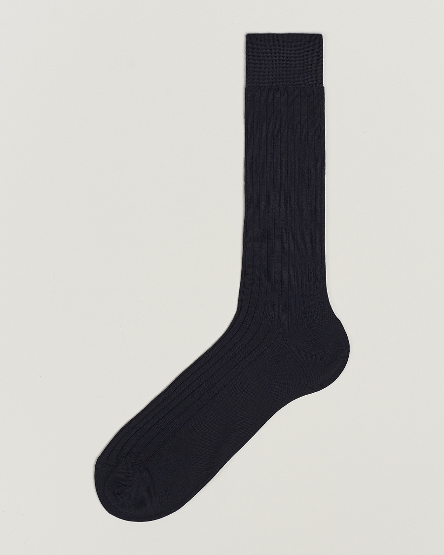 Bresciani Wool/Nylon Ribbed Short Socks Navy – Blauw