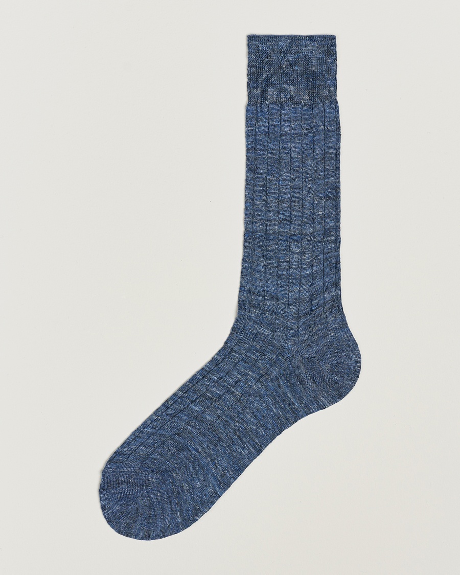 Bresciani Linen Ribbed Short Socks Blue Melange – Blauw