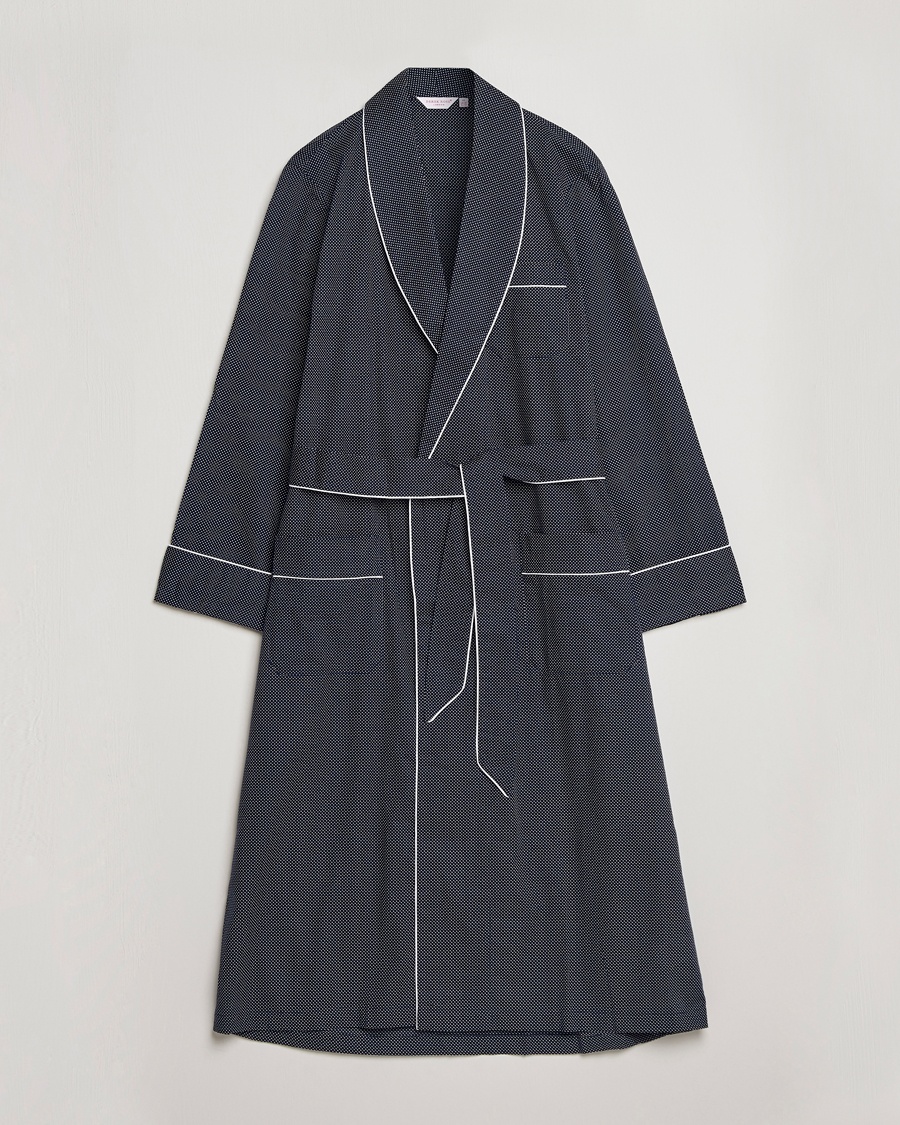 Derek Rose Polka Dot Cotton Satin Dressing Gown Navy – Blauw