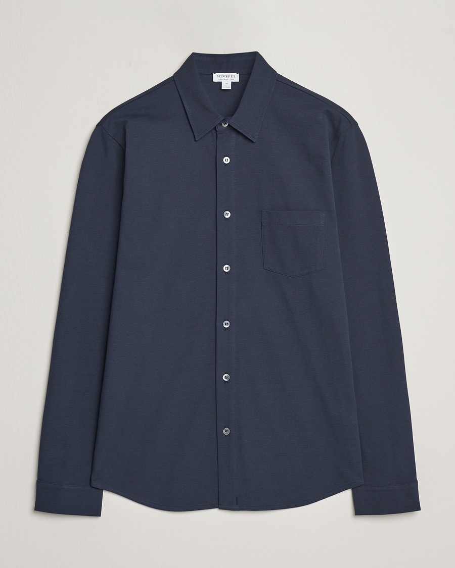 Sunspel Long Sleeve Button Down Pique Shirt Navy – Blauw