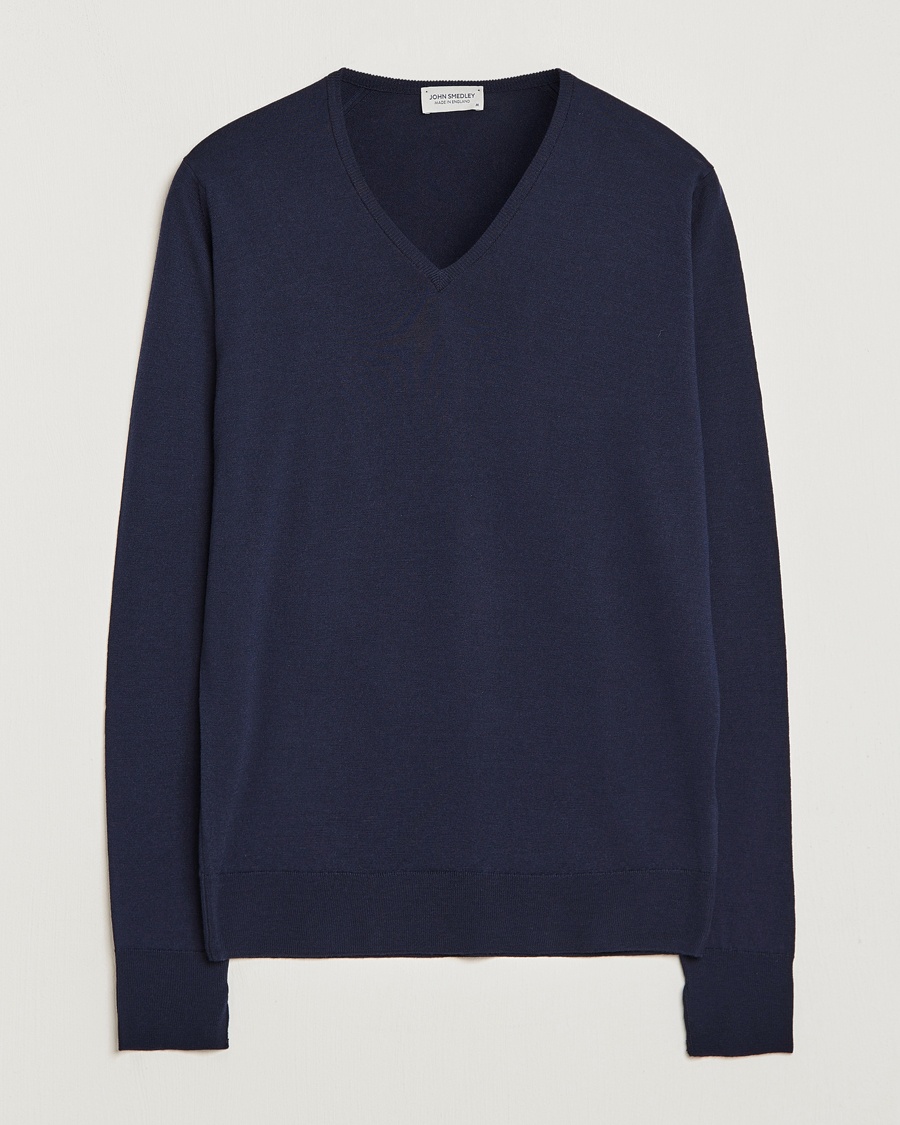 John Smedley Bobby Extra Fine Merino V-Neck Pullover Midnight – Blauw
