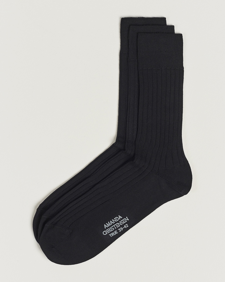 Amanda Christensen 3-Pack True Cotton Ribbed Socks Black – Zwart