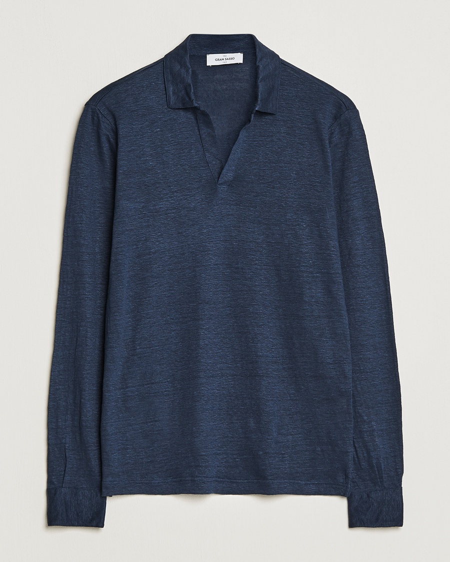 Gran Sasso Washed Linen Long Sleeve Polo Navy Melange – Blauw