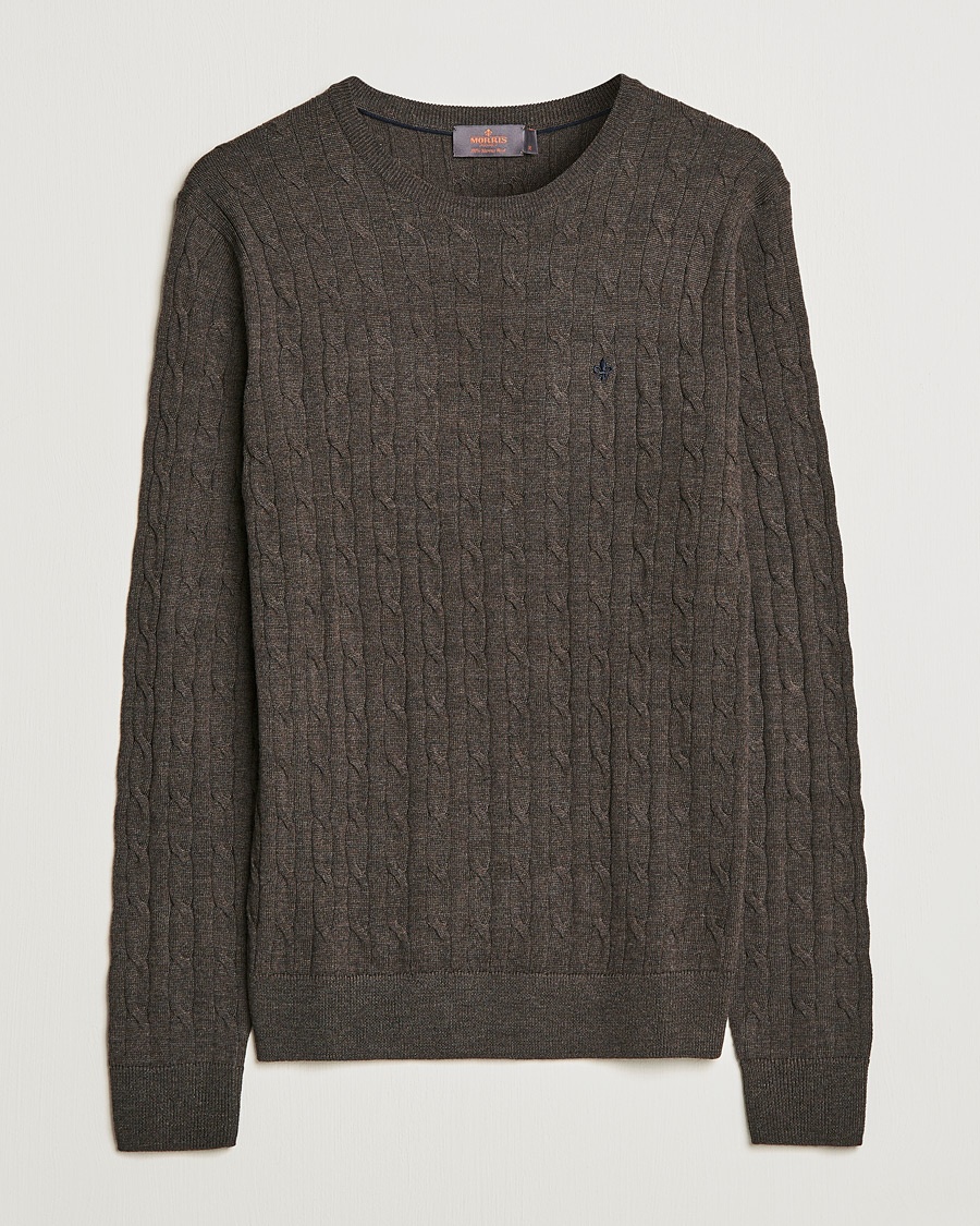 Heren | Morris | Morris | Merino Cable Crew Neck Dark Brown