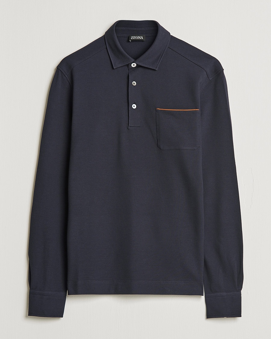 Zegna Long Sleeve Cotton Piquet Polo Navy – Blauw