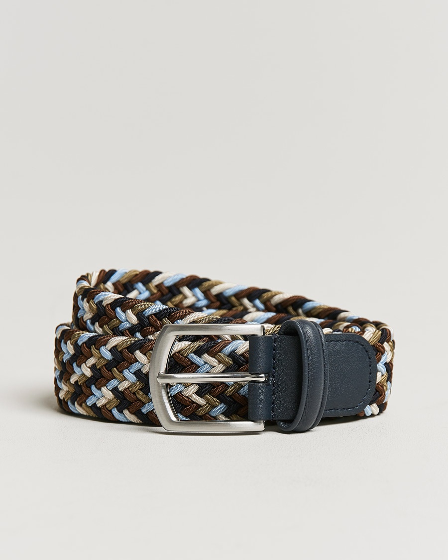 Anderson's Stretch Woven 3,5 cm Belt Navy/Green/Brown – Blauw
