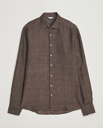 Heren | Overhemden | Stenströms | Slimline Cut Away Linen Shirt Dark Brown