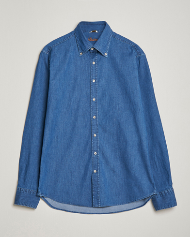 Heren | Stenströms | Stenströms | Fitted Body Button Down Garment Washed Shirt Mid Blue Denim