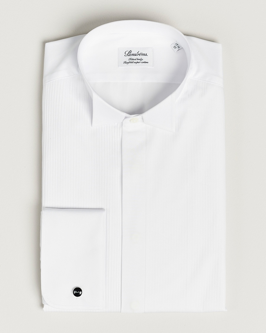 Heren | Zwarte stropdas | Stenströms | Fitted Body Stand Up Collar Plissè Shirt White