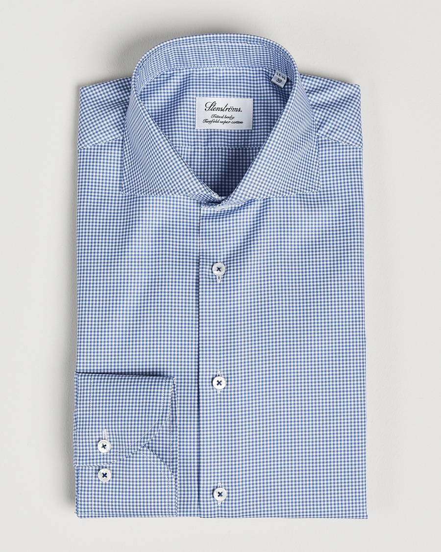 Heren | | Stenströms | Fitted Body Small Check Cut Away Shirt Blue