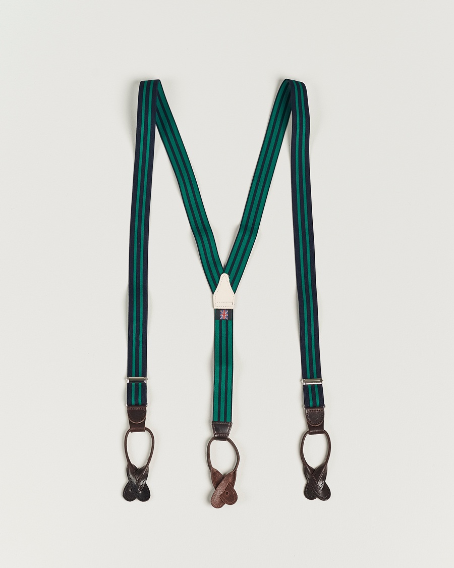 Heren | Accessoires | Albert Thurston | Elastic Narrow Stripe Braces 25mm Navy/Green