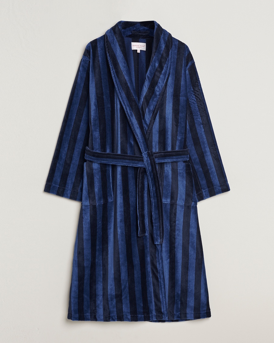 Derek Rose Striped Cotton Velour Gown Navy – Blauw