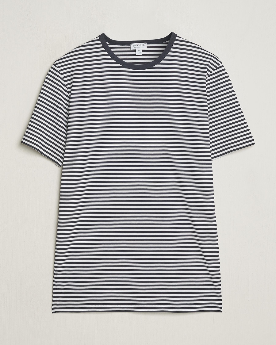 Sunspel Striped Crew Neck Q82 Cotton T-Shirt White/Navy – Blauw