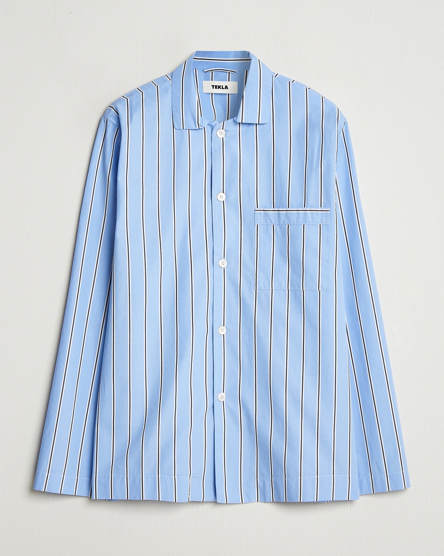 Tekla Poplin Pyjama Shirt Basset Stripes - Maat: S - Kleur: Blauw
