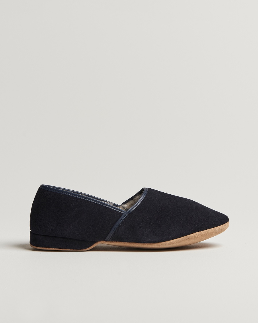 Derek Rose Crawford Sheepskin Suede Slippers Navy – Blauw