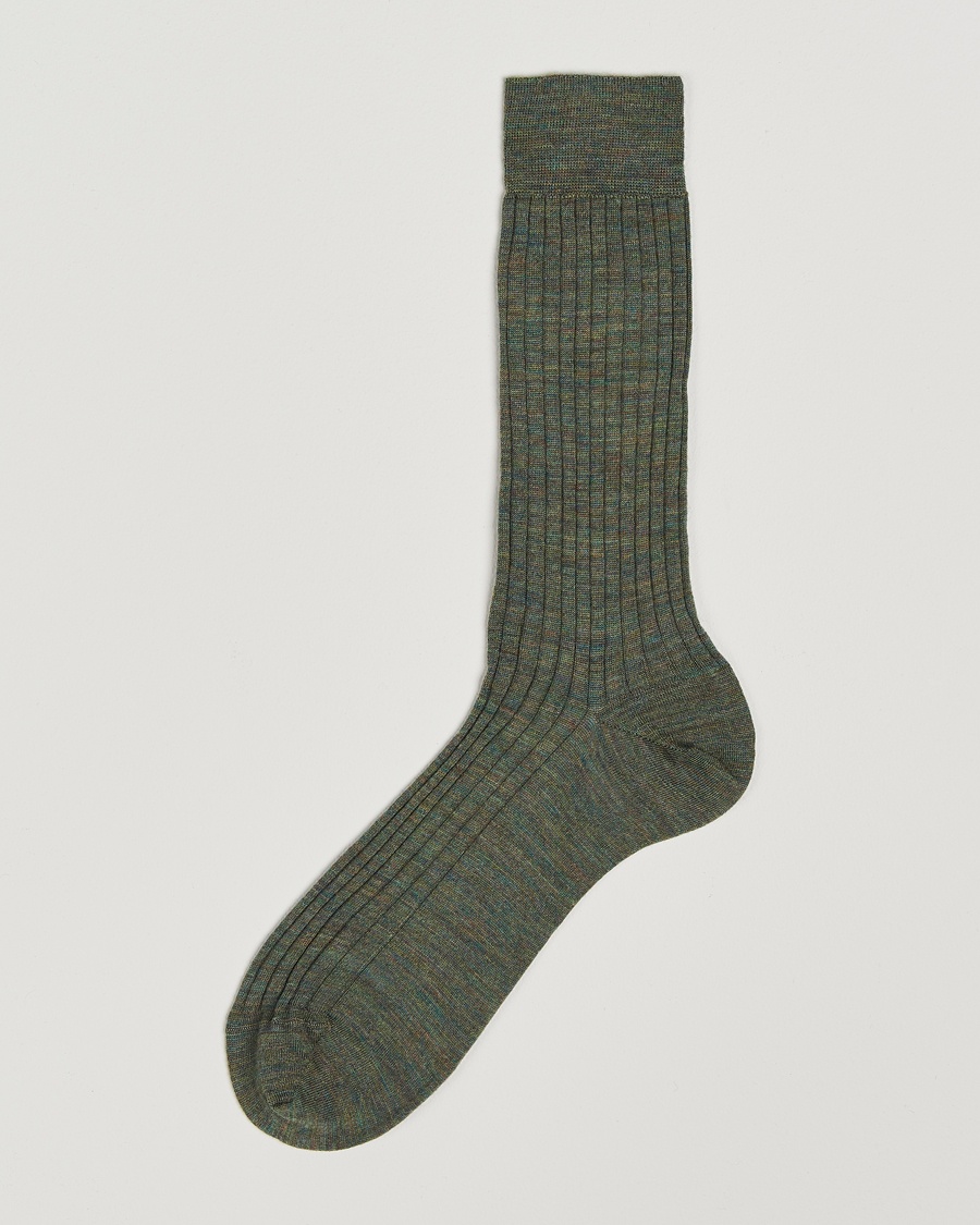 Bresciani Wool/Nylon Ribbed Short Socks Green Melange – Groen