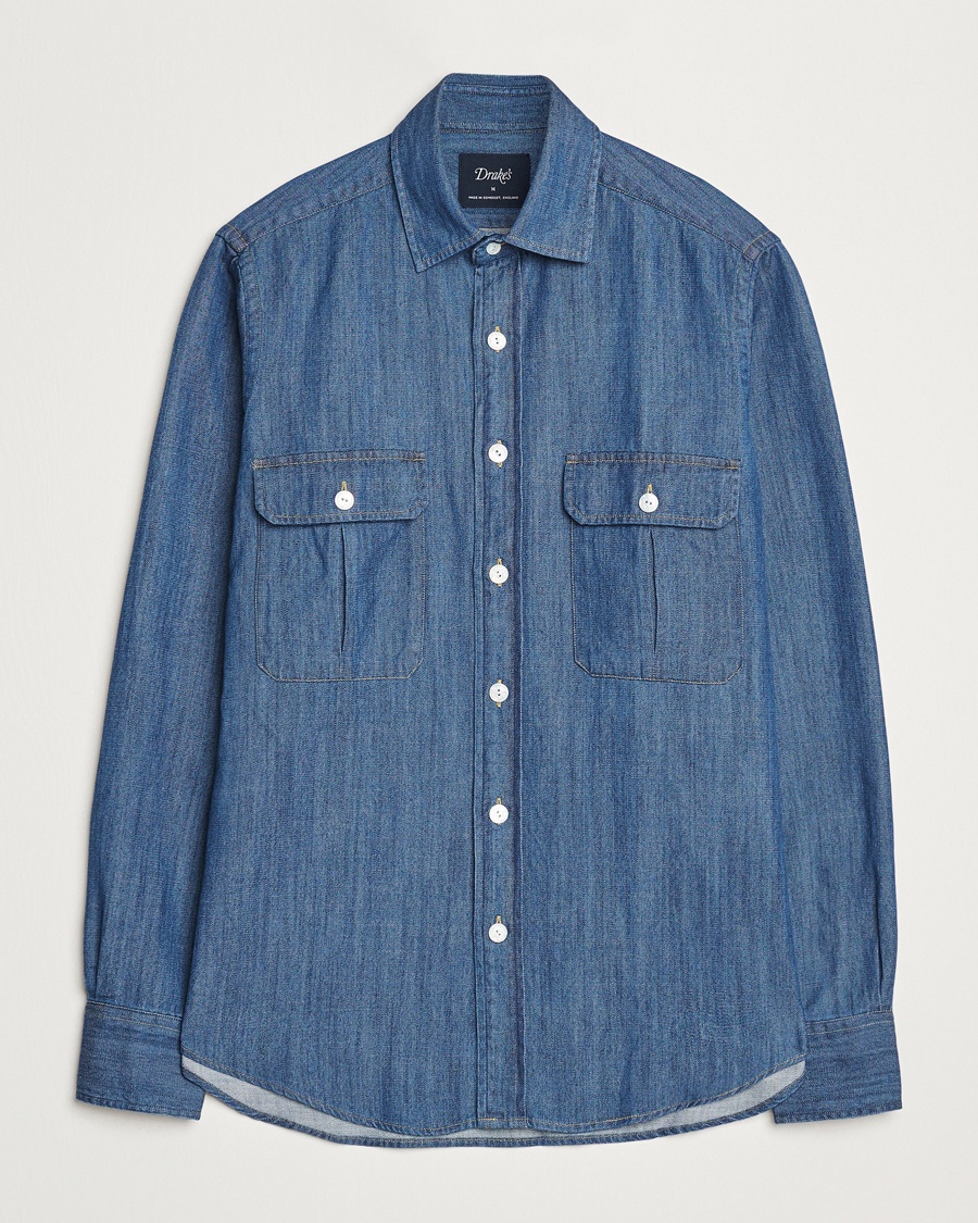 Heren | Preppy Authentic | Drake's | Denim Two Pocket Work Shirt Mid Blue