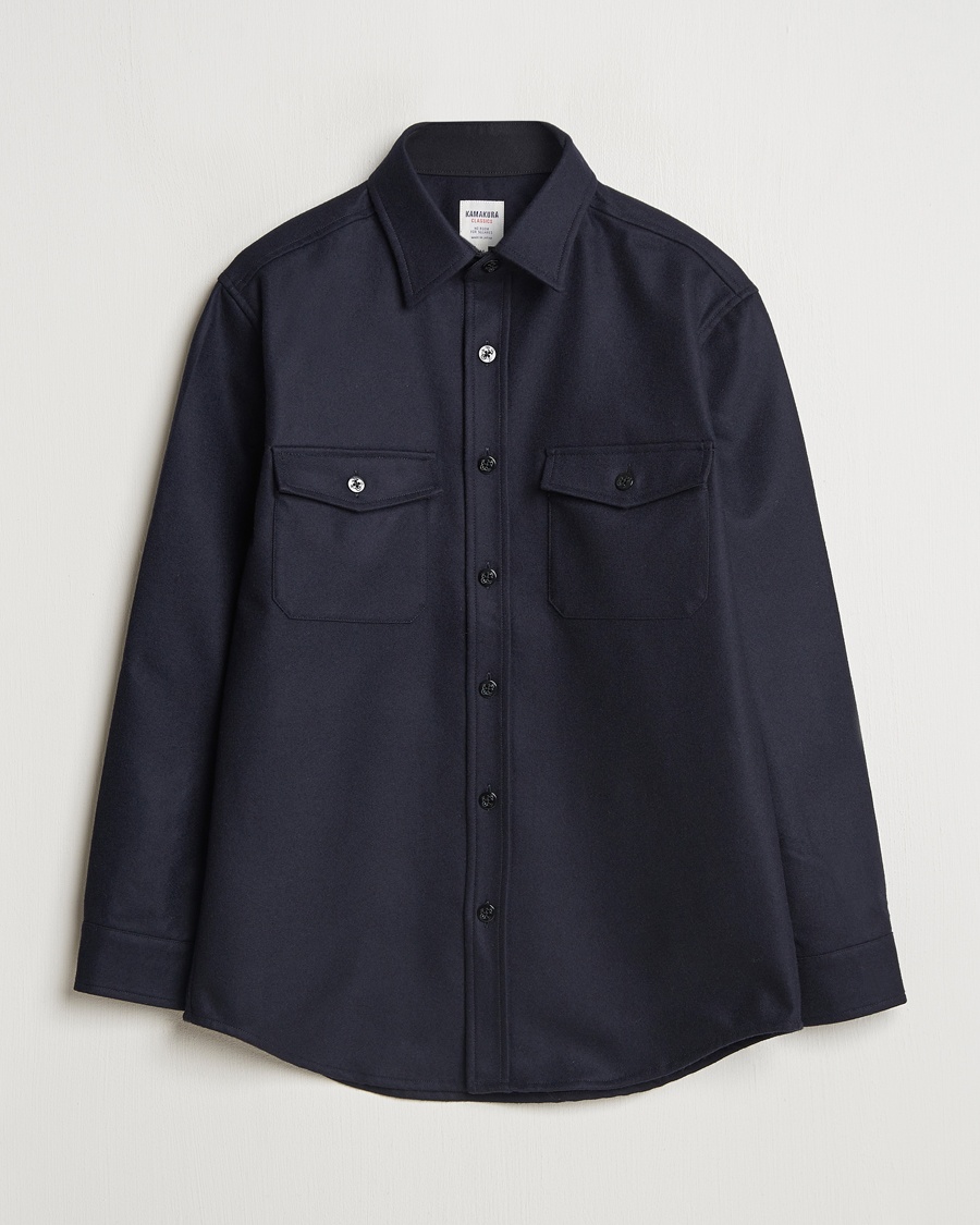 Kamakura Shirts Wool Flannel CPO Shirt Navy – Blauw