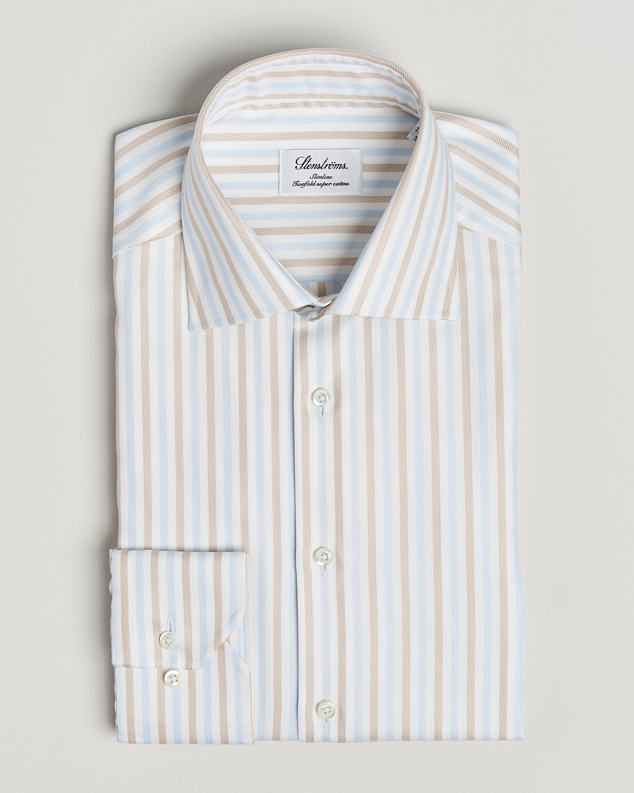 Heren | | Stenströms | Slimline Multi Striped Twill Shirt Blue/Beige