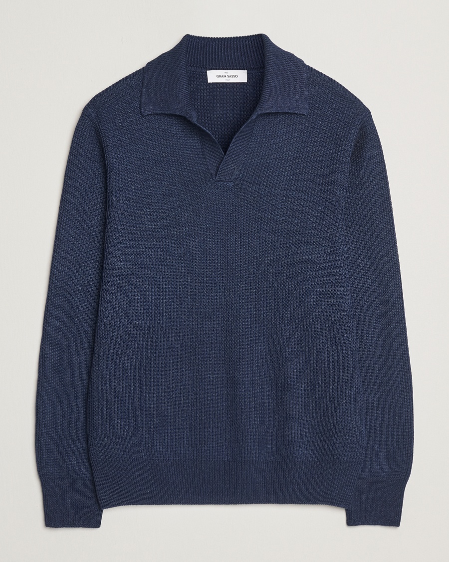 Gran Sasso Linen/Cotton Open Collar Knitted Polo Navy Melange – Blauw