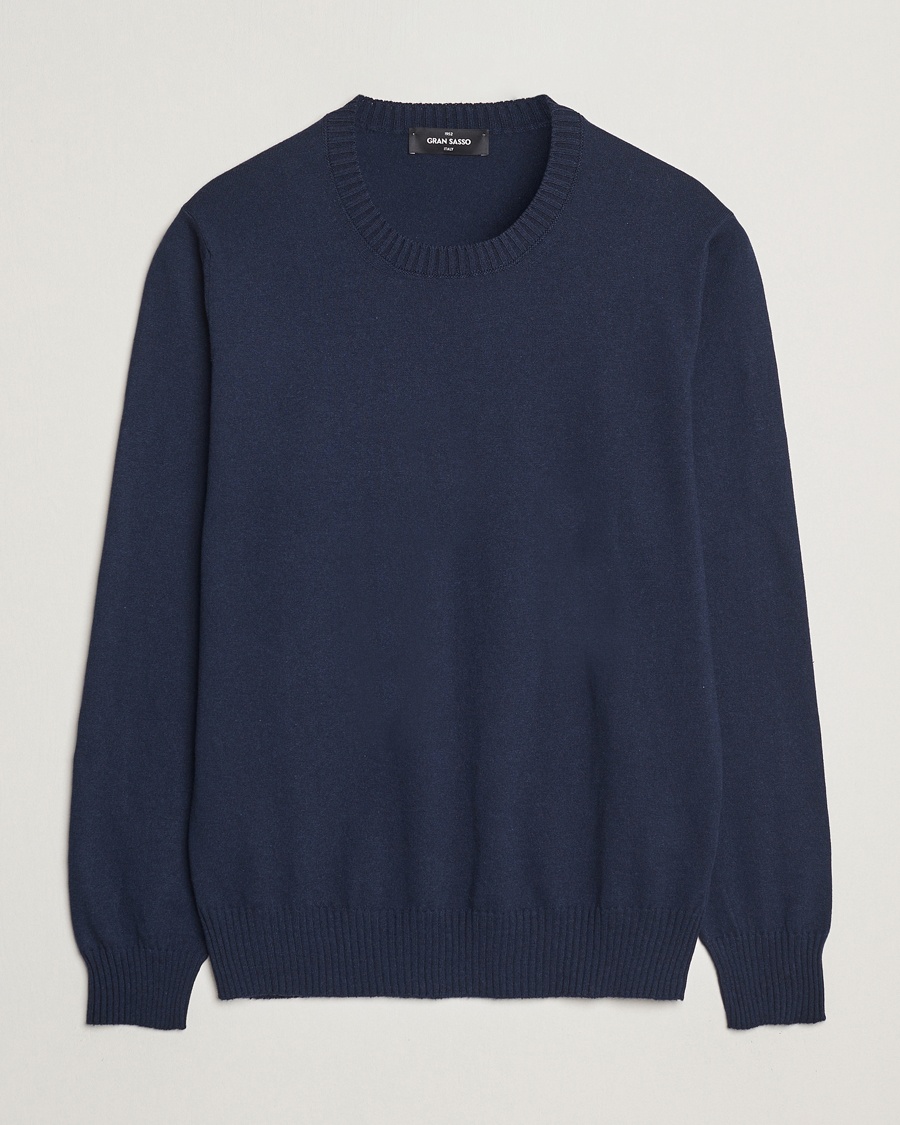 Gran Sasso Cotton/Cashmere Knitted Crew Neck Sweater Navy Melange – Blauw