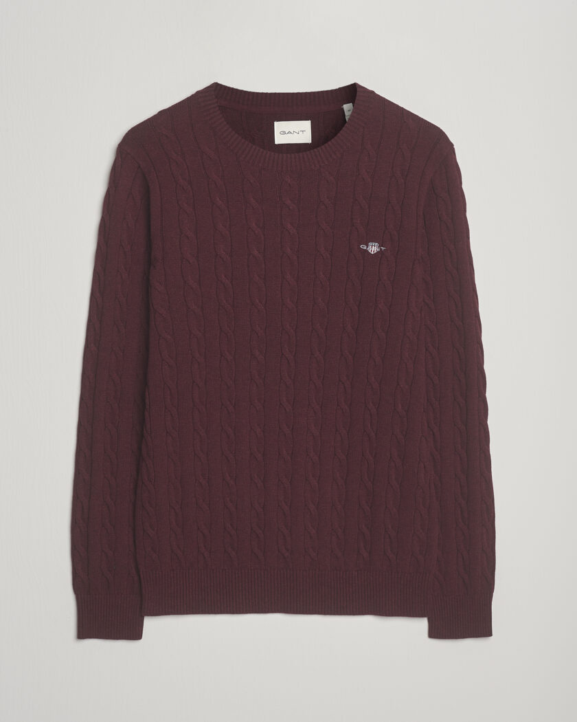 Heren | GANT | GANT Cotton Cable Crew Neck Pullover Bordeaux Melange