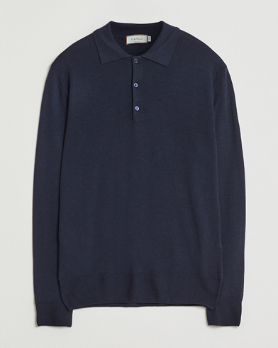 Canali Merino Wool Long Sleeve Polo Navy – Blauw