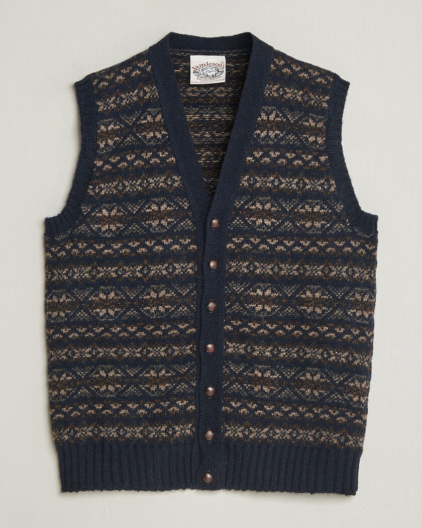 Jamieson's of Shetland Jamiesons Of Shetland All Over Fair Isle Waistcoat Navy – Blauw