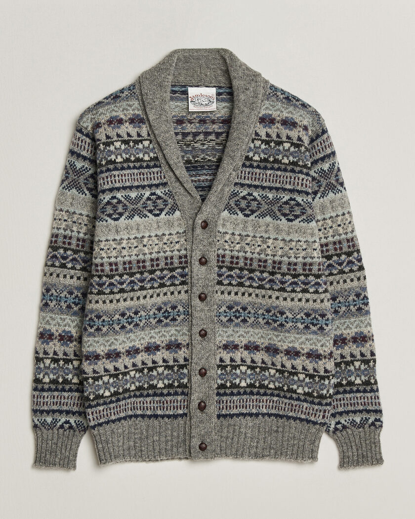 Jamieson's of Shetland Jamiesons Of Shetland All Over Fair Isle Shawl Collar Cardigan Grey – Grijs