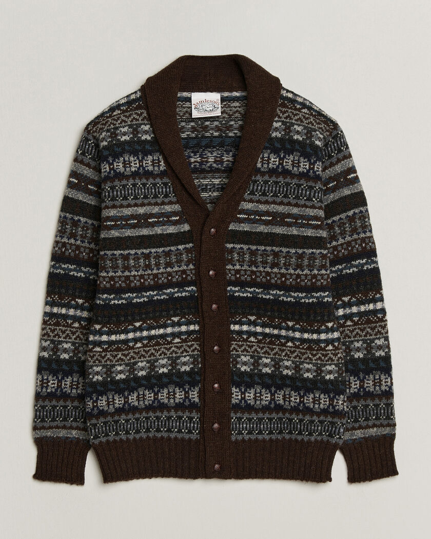 Jamieson's of Shetland Jamiesons Of Shetland All Over Fair Isle Shawl Collar Cardigan Brown – Bruin