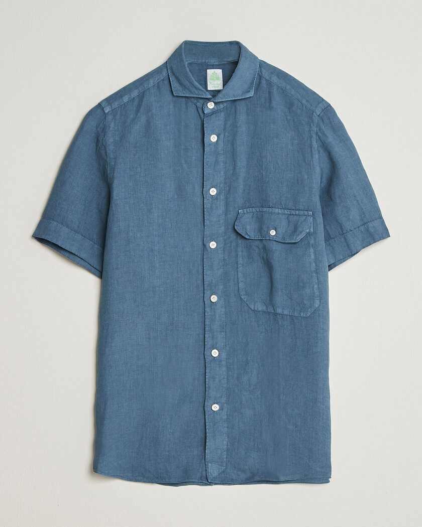 Finamore Napoli Linen Short Sleeve Sport Shirt Dark Blue – Blauw