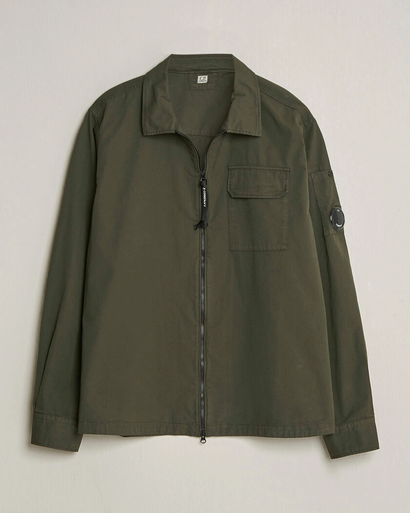 C.P. Company Garment Dyed Gabardine Zip Overshirt Dark Green – Groen