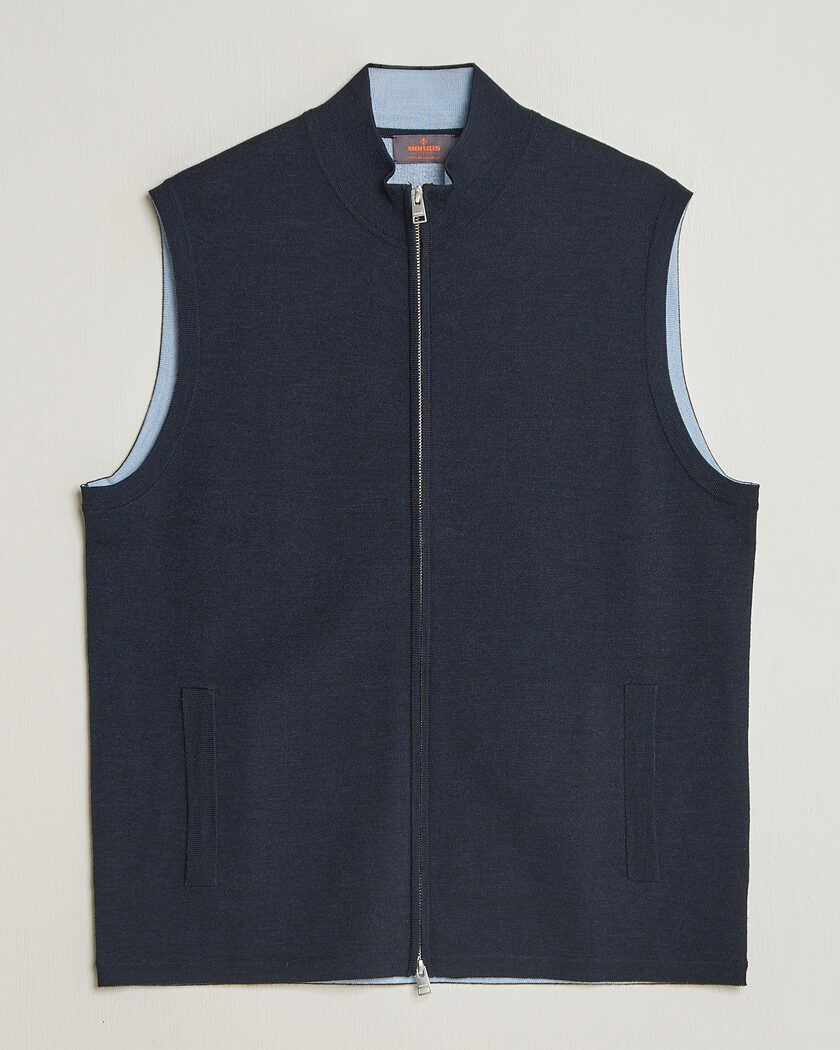 Morris Merino Double Zip Vest Navy – Blauw