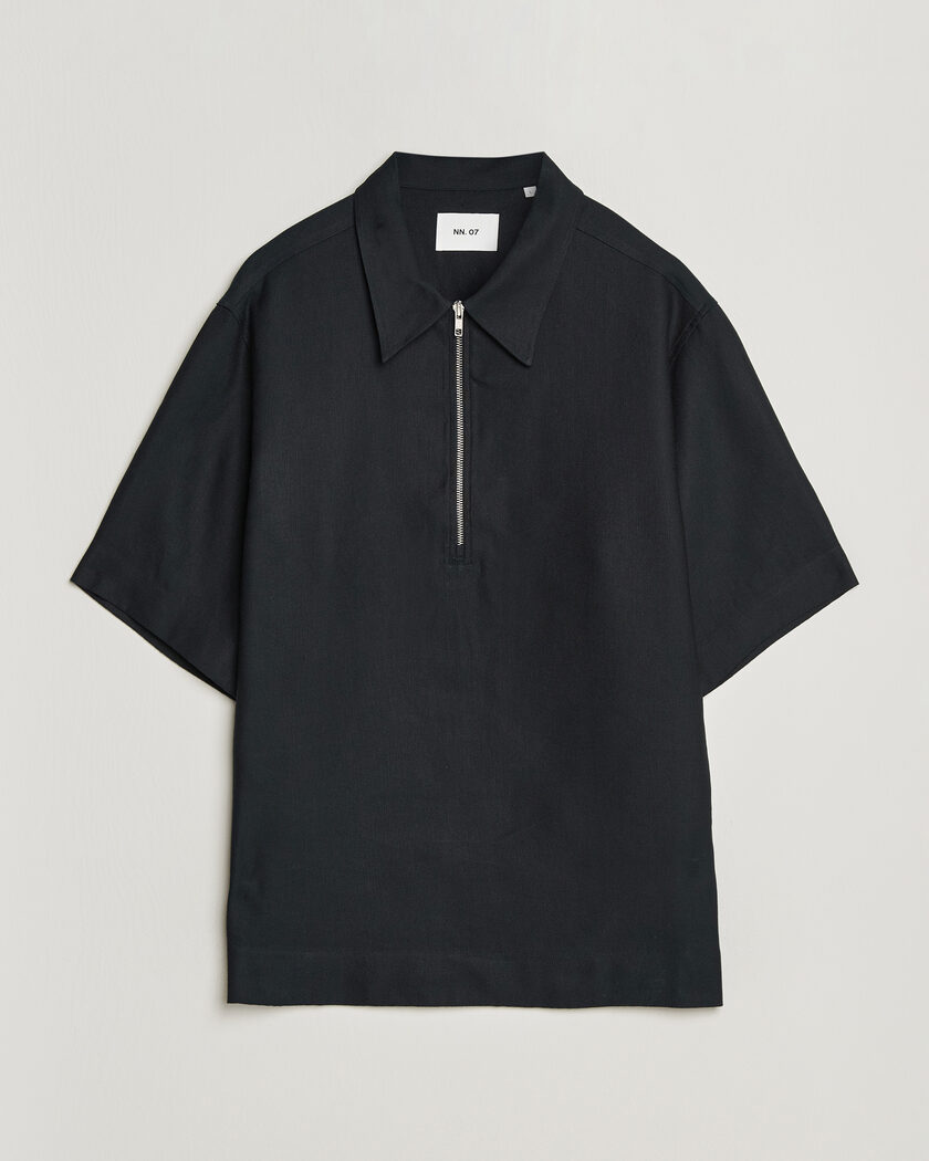 NN07 Bruno Linen/Viscose Half Zip Polo Black – Zwart