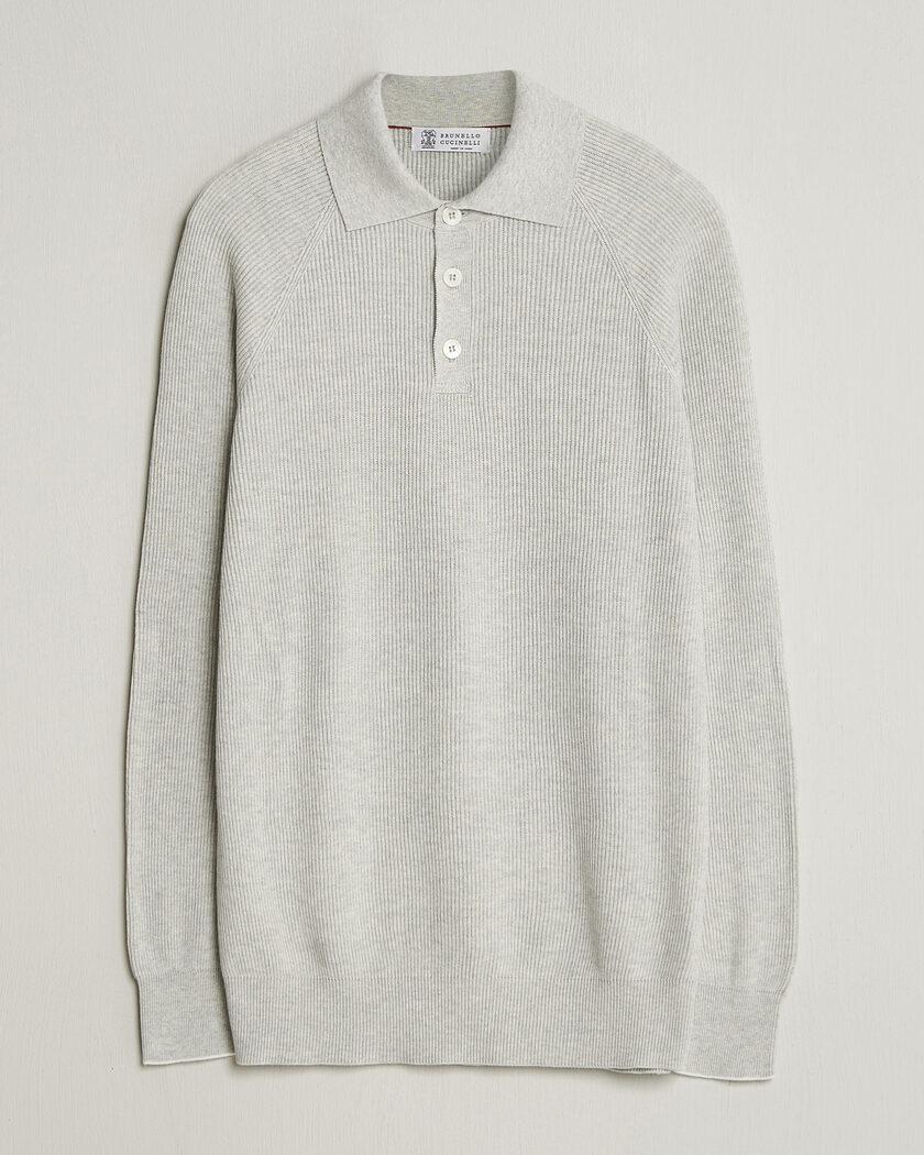 Brunello Cucinelli Cotton Rib Knitted Long Sleeve Polo Light Grey – Grijs