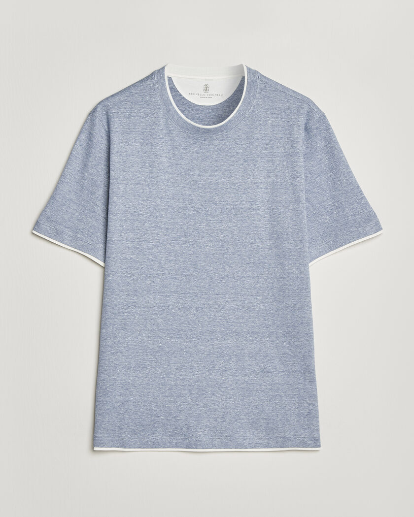 Brunello Cucinelli Double Collar Linen T-Shirt Light Blue – Blauw