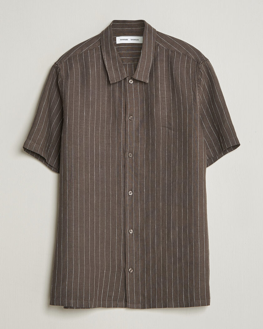Samsøe Samsøe Avan Linen Striped Short Sleeve Shirt Black Olive – Groen