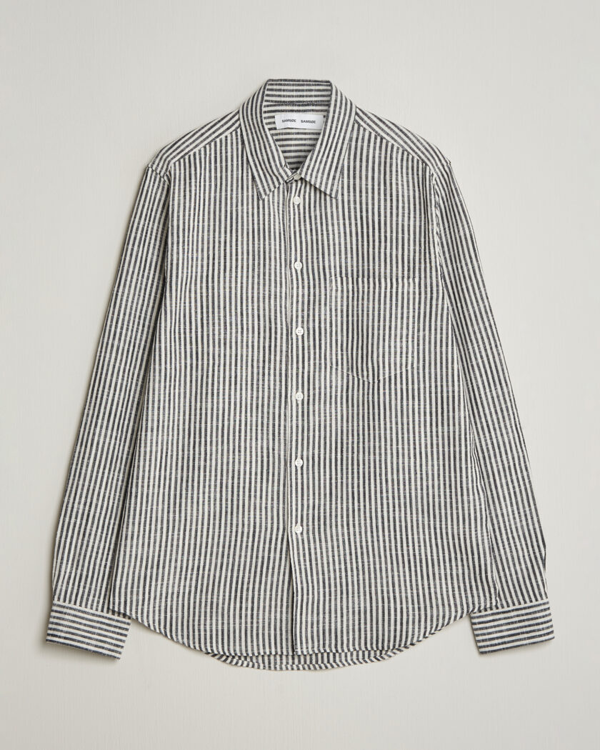 Samsøe Samsøe Liam Cotton/Linen Striped Shirt Salute Navy – Blauw