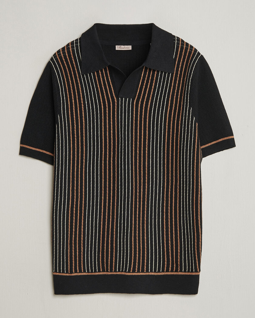 Stenströms Knitted Stripe Hemp/Cotton Polo Black – Meerkleurig