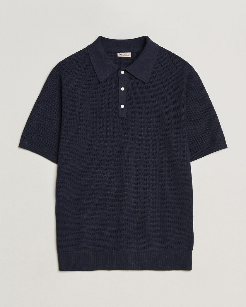 Stenströms Knitted Textured Cotton/Hemp Polo Navy – Blauw