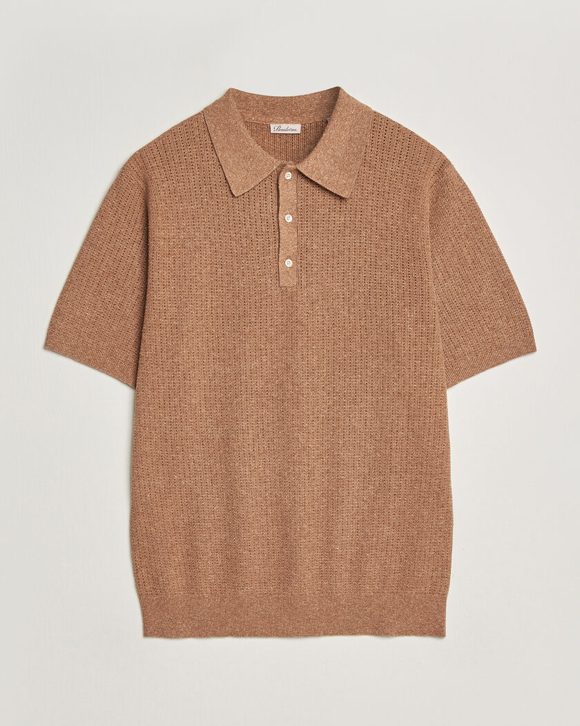 Stenströms Knitted Textured Cotton/Hemp Polo Light Brown – Bruin