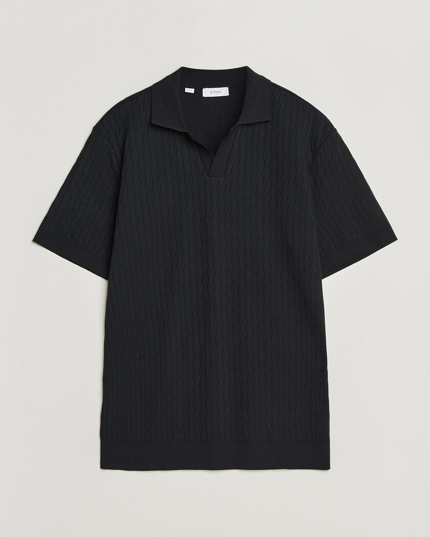 Eton Open Collar Jacquard Polo Black – Zwart