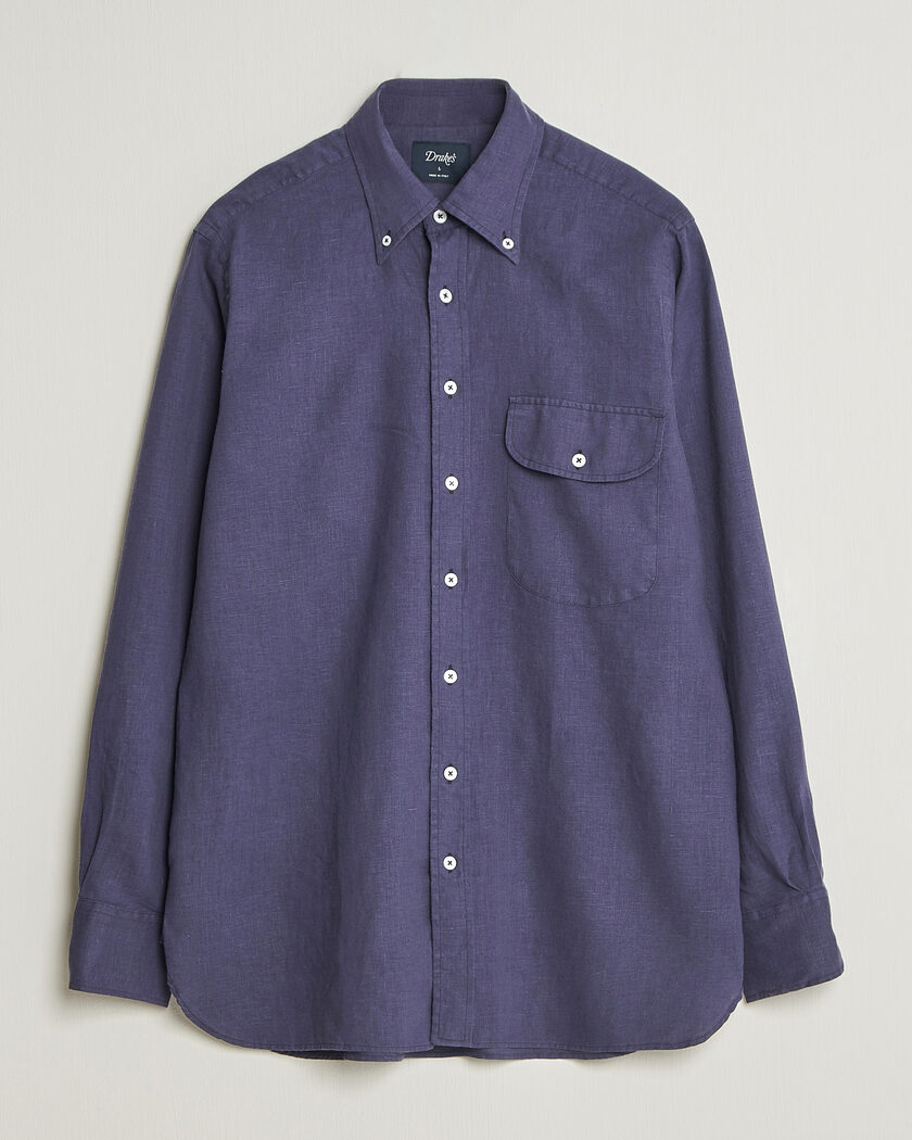 Drake's Linen Button Down Curved Pocket Shirt Navy – Blauw