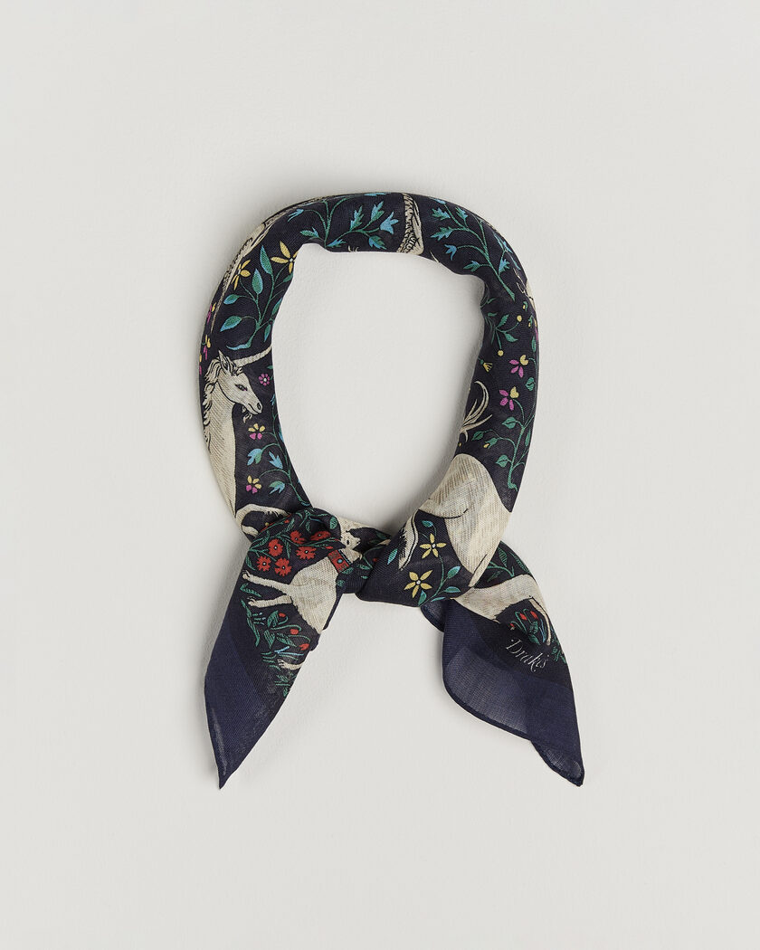 Drake's Unicorn Print Wool/Silk Bandana Navy – Blauw