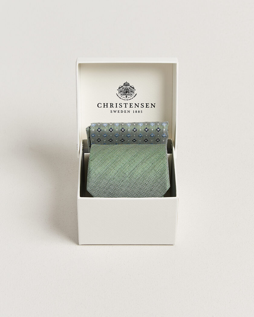 Amanda Christensen Box Set Printed Silk 8cm Tie With Pocket Square Green – Groen