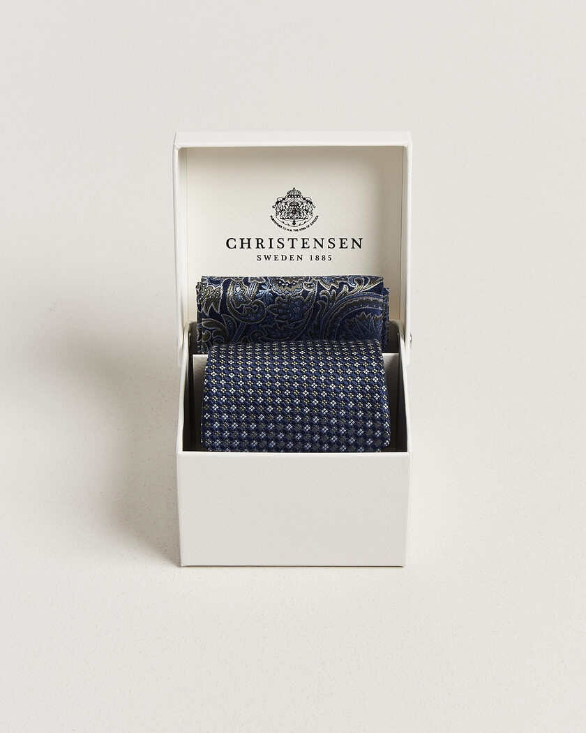 Amanda Christensen Box Set Printed Silk 8cm Tie With Pocket Square Navy/Green – Blauw