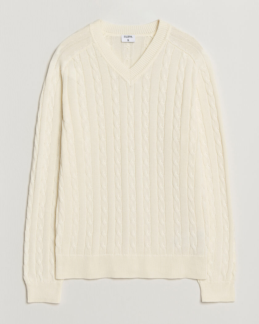 Filippa K Cotton Cable V-Neck Sweater Calico White – Wit